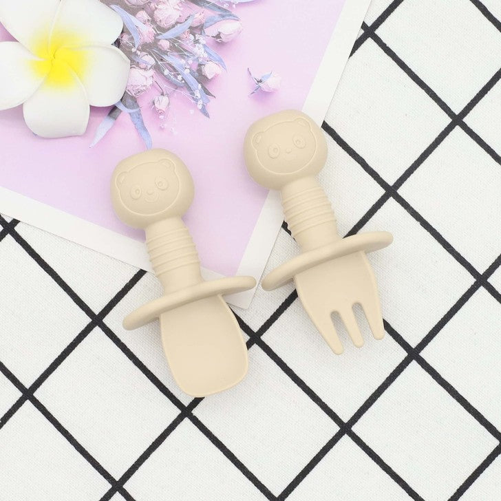 Baby Bear Pattern Complementary Food Training Lovely Silicone Spoon Fork Sets-4
